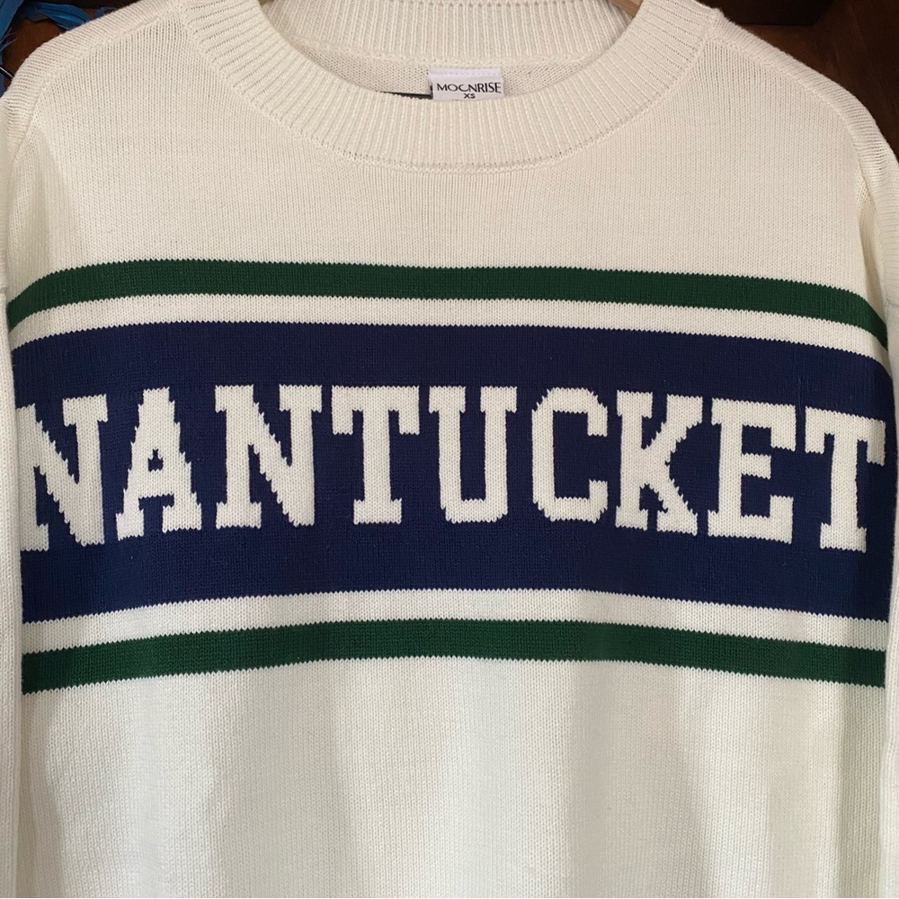 Moonrise - Nantucket White Sweater with Green and Blue Accents - size xs